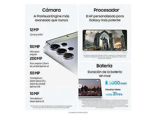 Móvil - Samsung Galaxy S25 Ultra, Titanium Gray, 256 GB, 12 GB RAM, 6.9 WQHD+, Snapdragon 8, 5000 mAh, Android 15